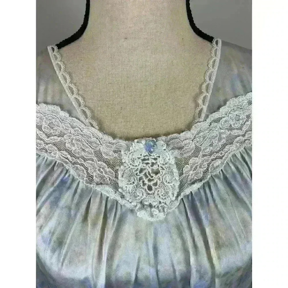 Vtg 70s Miss Elaine Babydoll Nightgown Floral Blue Lace Union Tag Coquette M - Picture 12 of 13